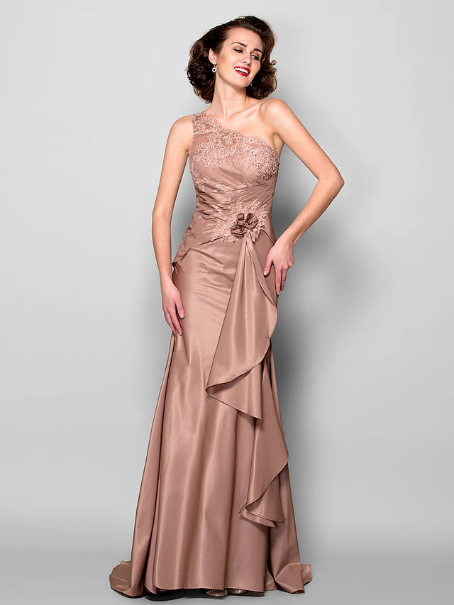 Luolandi Mermaid / Trumpet Mother of the Bride Dress Floral One Shoulder Sweep / Brush Train Lace Taffeta Sleeveless
