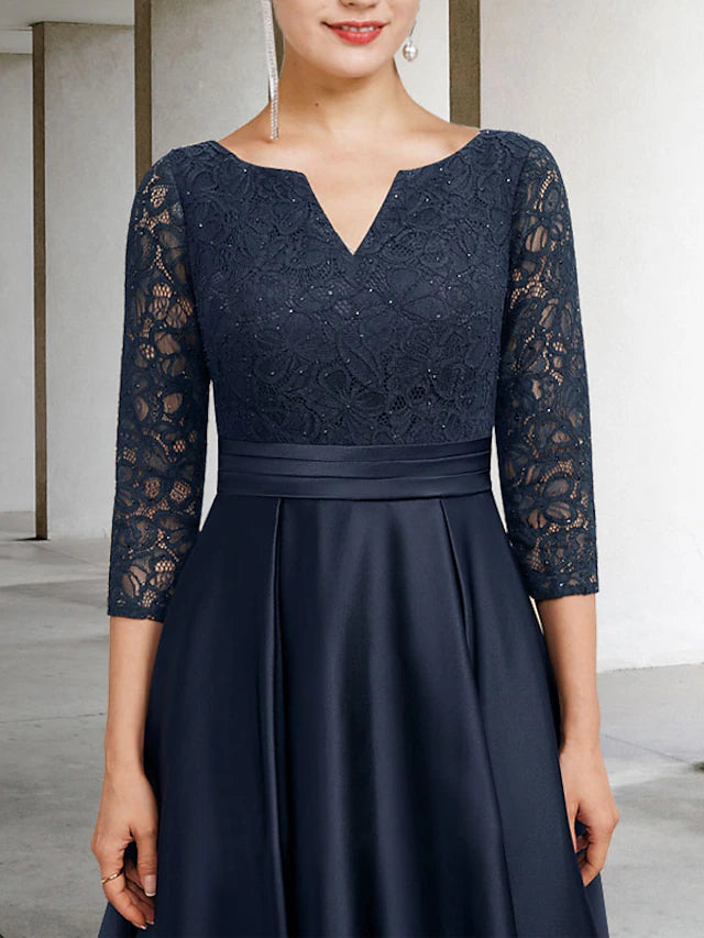 Luolandi A-Line Mother of the Bride Dress Plus Size Elegant V Neck Ankle Length Satin Lace 3/4 Length Sleeve with Pleats