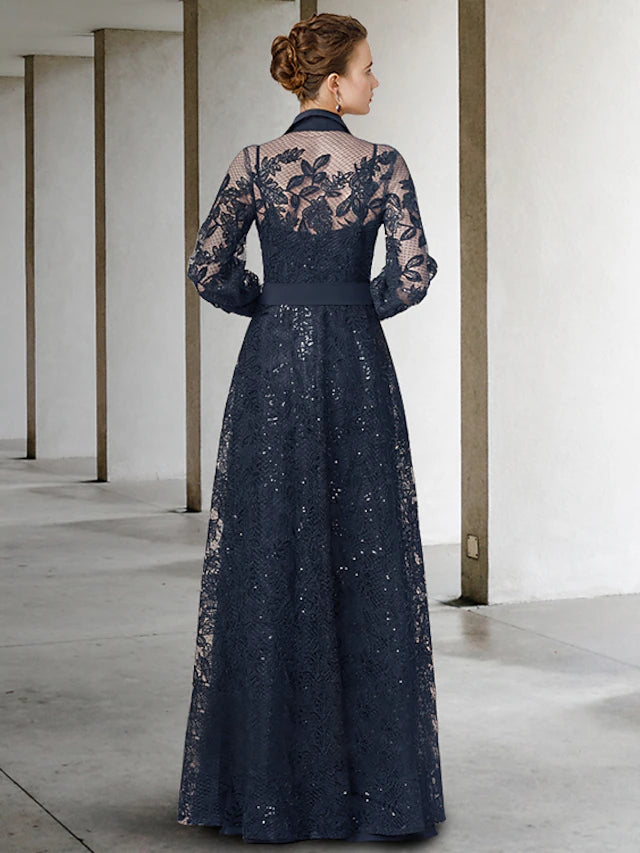 Luolandi A-Line Mother of the Bride Dress Elegant Jewel Neck Floor Length Chiffon Lace Long Sleeve with Pleats