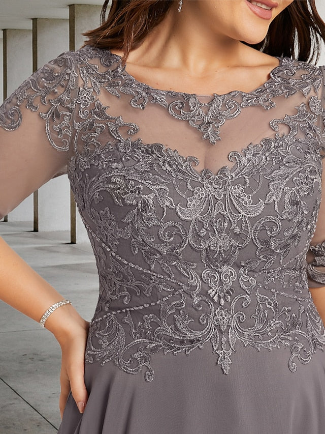 Luolandi A-Line Plus Size Curve Mother of the Bride Dresses Elegant Dress Formal Asymmetrical Half Sleeve Jewel Neck Chiffon