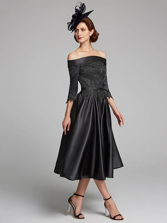 Luolandi A-Line Mother of the Bride Dress Plus Size Sexy Off Shoulder Tea Length Satin Lace 3/4 Length Sleeve
