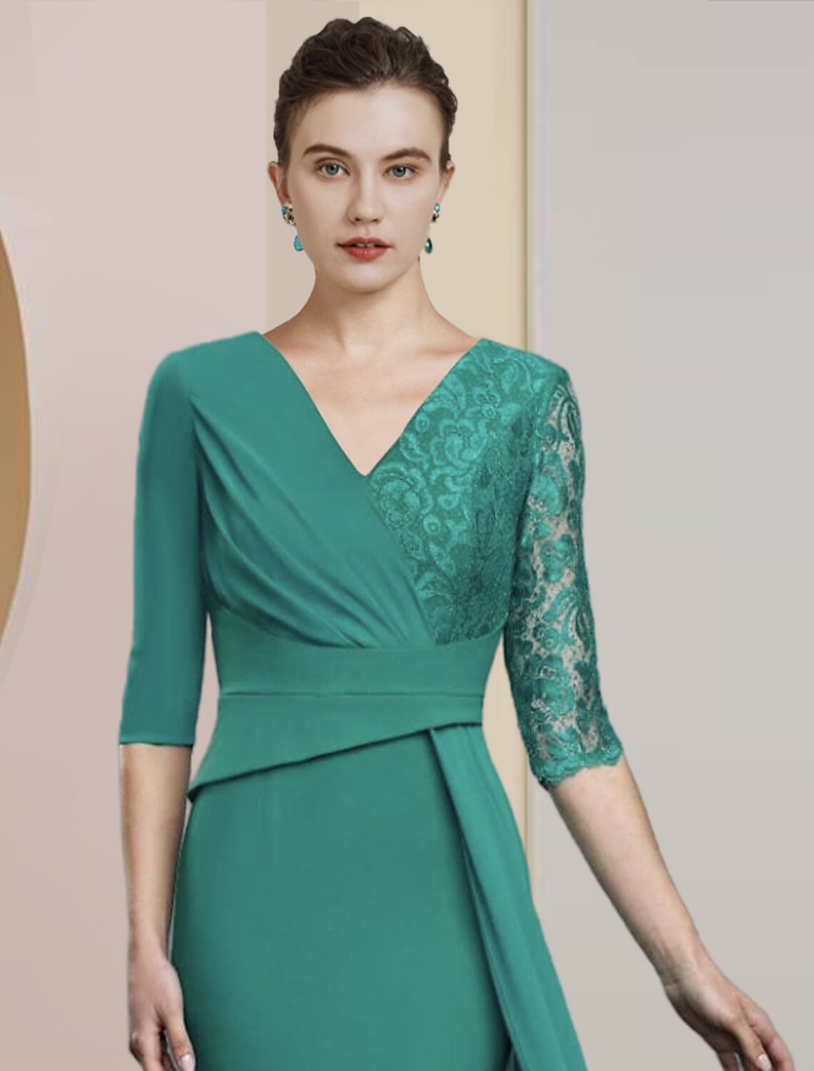 Luolandi Sheath / Column Mother of the Bride Dress Formal Wedding Guest Party Elegant V Neck Floor Length Chiffon Lace Half Sleeve