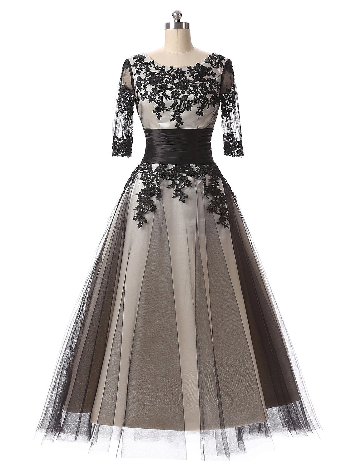 Luolandi Ball Gown Evening Gown Color Block Dress Formal Evening Ankle Length Half Sleeve Jewel Neck Fall Wedding Guest Lace with Lace Insert