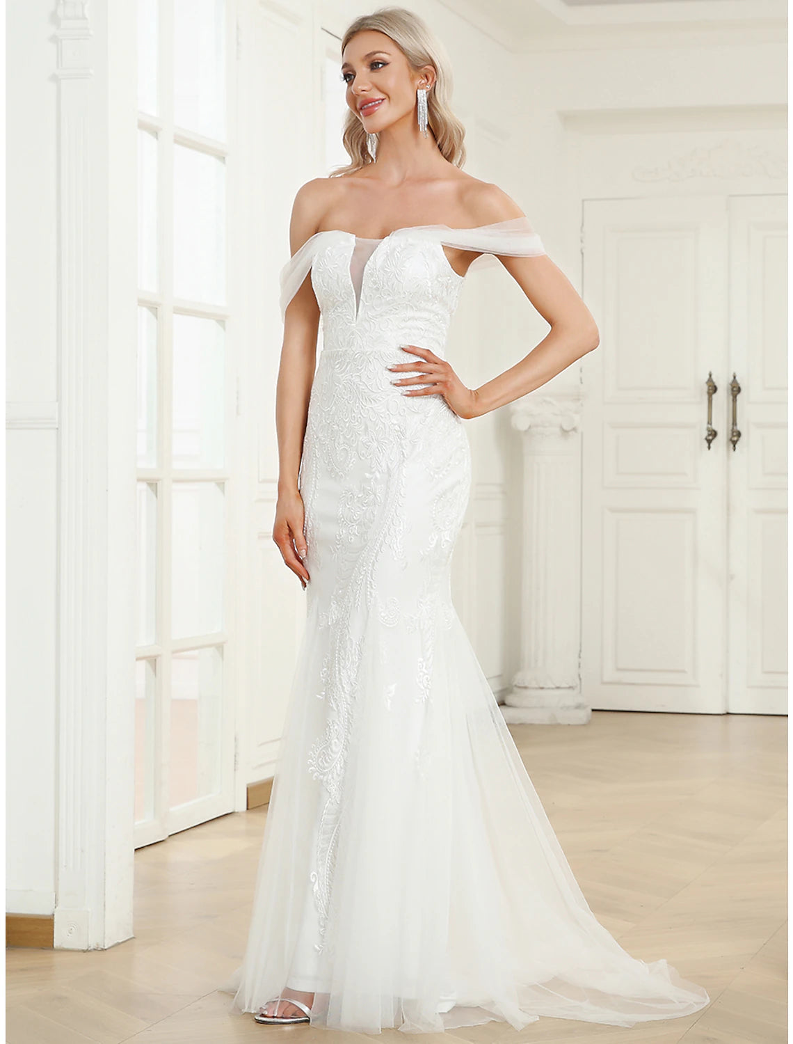 Luolandi Reception Wedding Dresses Mermaid / Trumpet Off Shoulder Cap Sleeve Sweep / Brush Train Lace Bridal Gowns