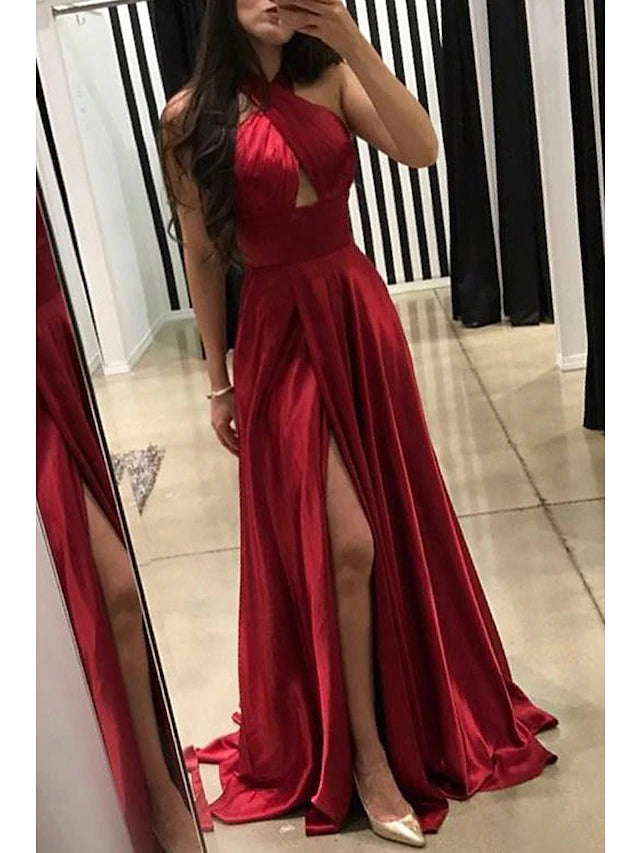 Luolandi A-Line Prom Dresses Sexy Formal Court Train Sleeveless Backless Elegant Evening Party Dress With Slit