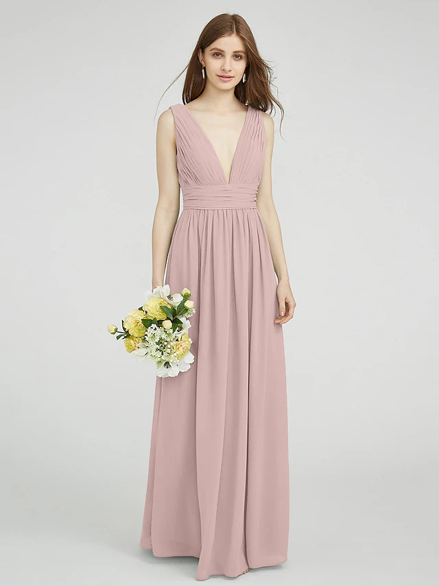 Luolandi Sheath / Column Bridesmaid Dress V Neck Sleeveless Elegant Floor Length Chiffon with Ruched / Side