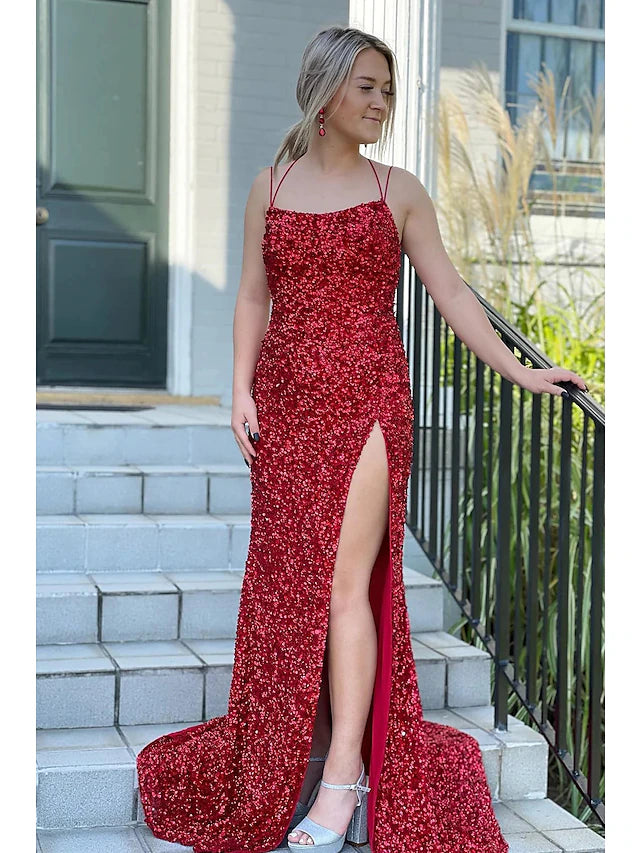 Luolandi Mermaid / Trumpet Prom Dresses Hot Dress Formal Sweep / Brush Train Sleeveless Spaghetti Strap Sequined Backless