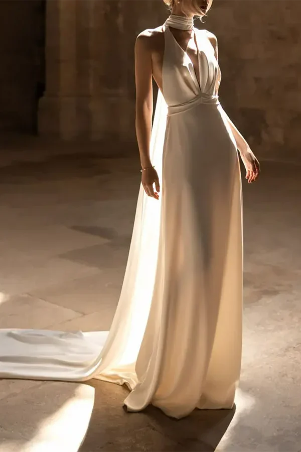 Luolandi A Line Unique Hanging Neck Sexy Open Back Bohemian Wedding Dress with Sweeping Train Beautiful