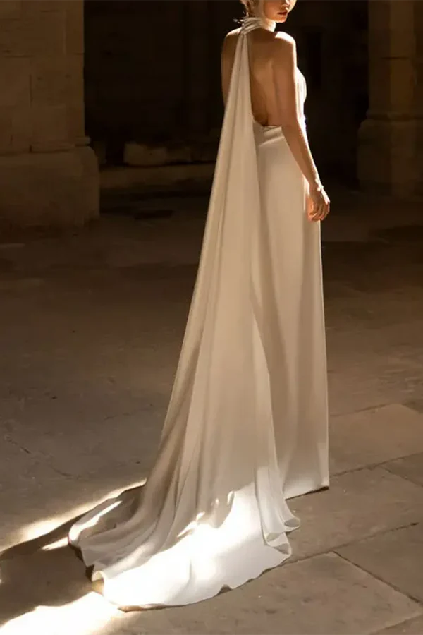 Luolandi A Line Unique Hanging Neck Sexy Open Back Bohemian Wedding Dress with Sweeping Train Beautiful