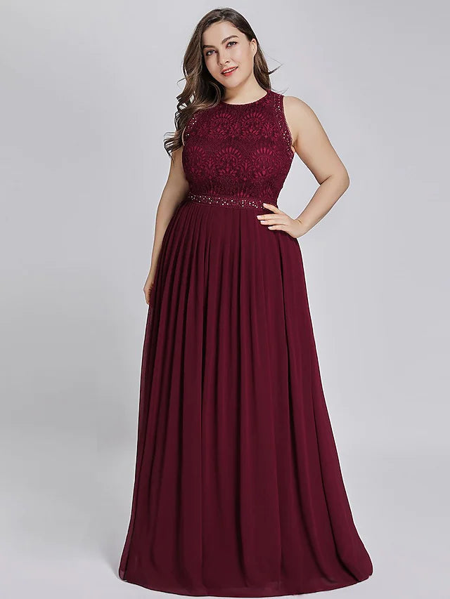 Luolandi A-Line Plus Size Prom Formal Evening Dress V Neck Half Sleeve Floor Length Lace with Sash / Ribbon Pleats