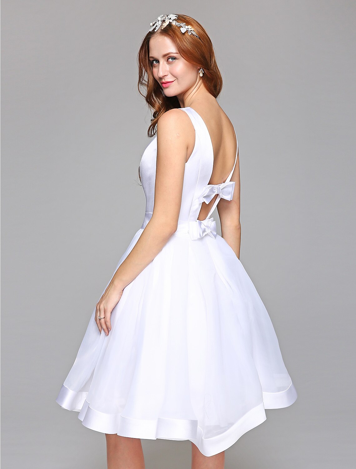 Luolandi Wedding Dresses A-Line Bateau Neck Regular Straps Knee Length Satin Bridal Gowns With Bowknot Sash