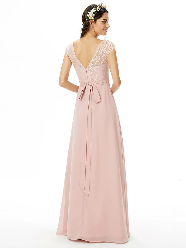 Luolandi Sheath / Column Bridesmaid Dress Bateau Neck Short Sleeve Elegant Floor Length Chiffon / Lace with Lace / Sash / Ribbon