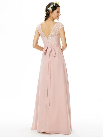 Sheath / Column Bridesmaid Dress Bateau Neck Short Sleeve Elegant Floor Length Chiffon / Lace with Lace / Sash / Ribbon