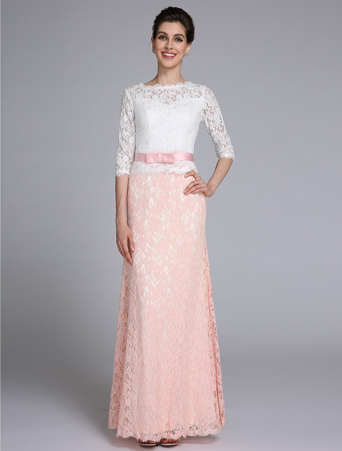 Luolandi Mermaid / Trumpet Mother of the Bride Dress Color Block Jewel Neck Floor Length Lace Half Sleeve No with Sash