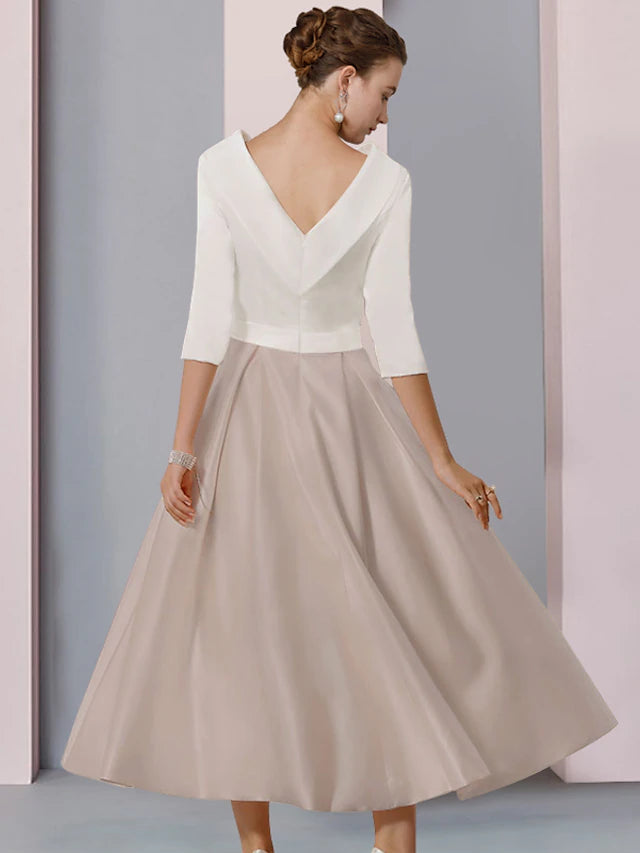 Luolandi A-Line Mother of the Bride Dress Wedding Guest Elegant Scoop Neck Tea Length Satin Half Sleeve with Pleats Crystal Brooch