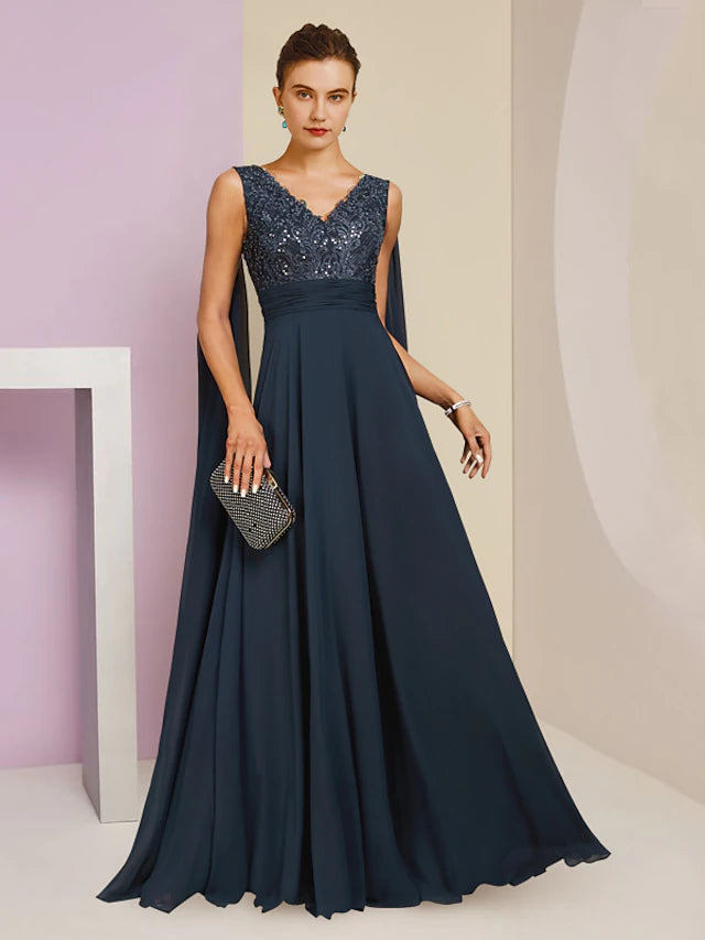 Luolandi Sheath / Column Mother of the Bride Dress Formal Party Elegant V Neck Floor Length Chiffon Lace Sleeveless with Pleats