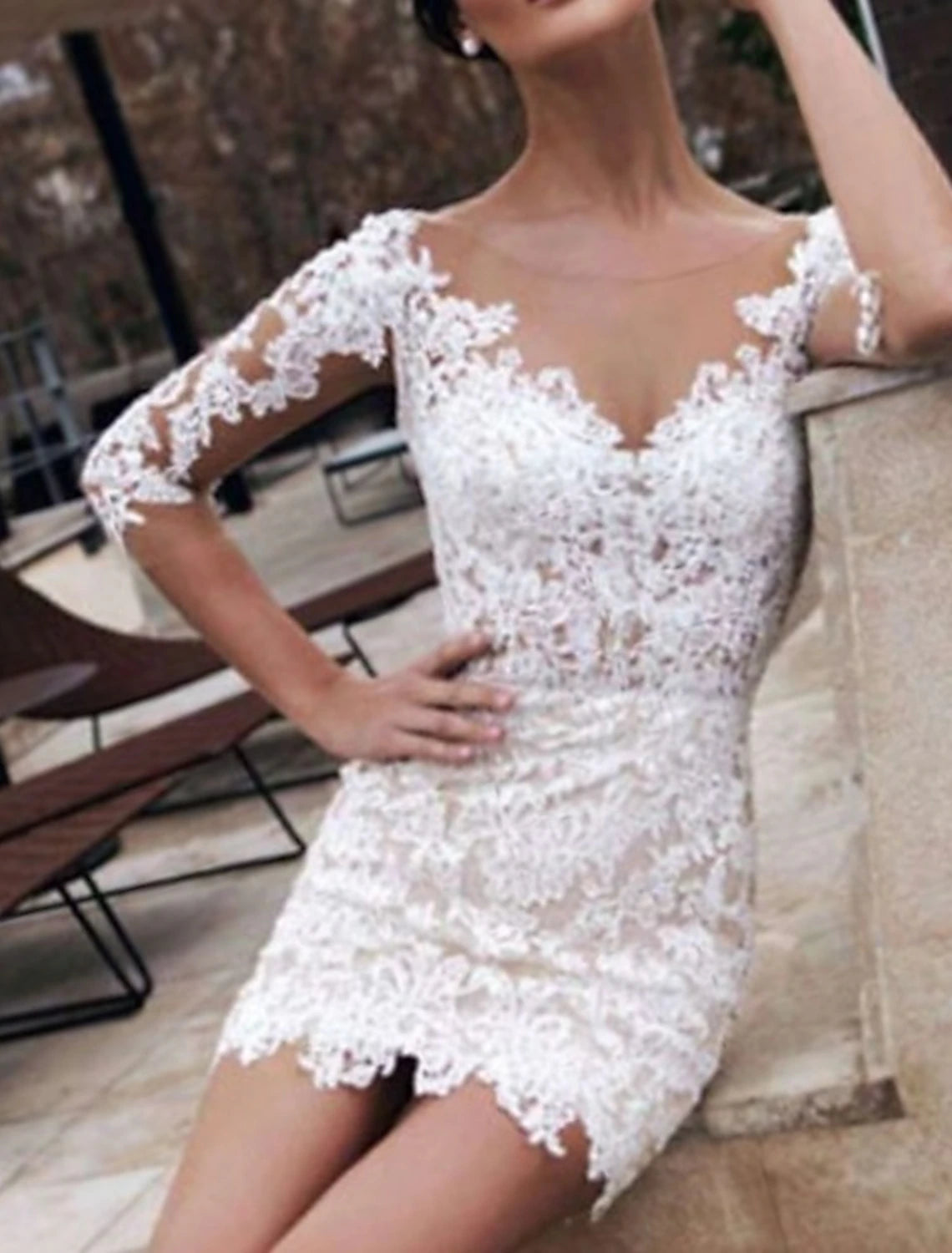 Luolandi Reception Little Dresses Wedding Dresses Sheath / Column Illusion Neck Half Sleeve Short / Mini Lace Bridal Gowns
