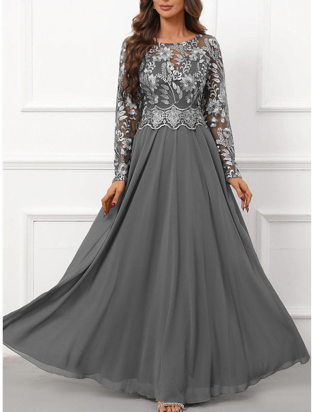 Luolandi Women's Prom Dress Party Dress Lace Dress Long Dress Maxi Dress Gray Long Sleeve Pure Color Lace Spring Fall Winter Crew Neck Fashion Mother of the Bride Dress