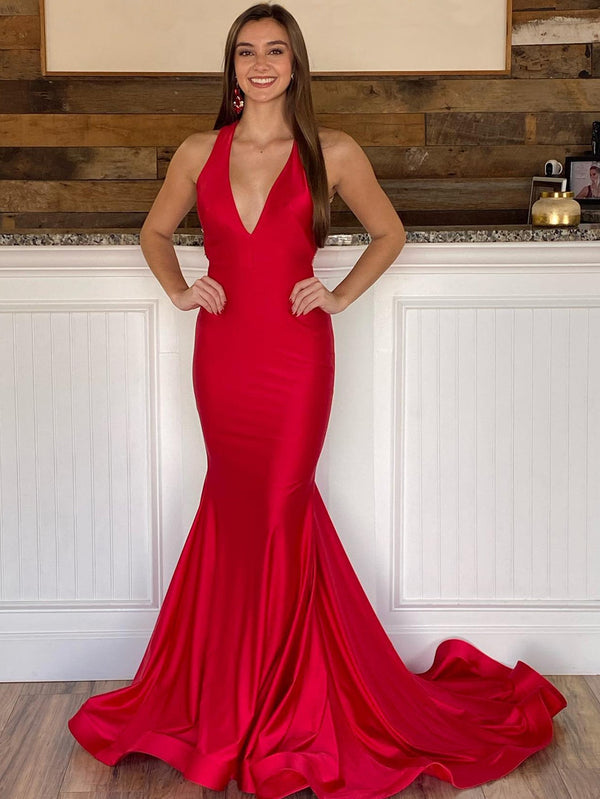 Luolandi Halter Deep V Neck Red Long Bodycon Prom Dress Sexy Evening Dress