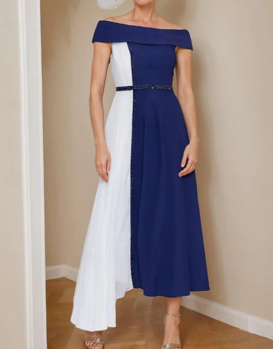 Luolandi A-Line Mother of the Bride Dress Formal Wedding Guest Elegant V Neck Tea Length Chiffon with Sash / Ribbon Party Dress