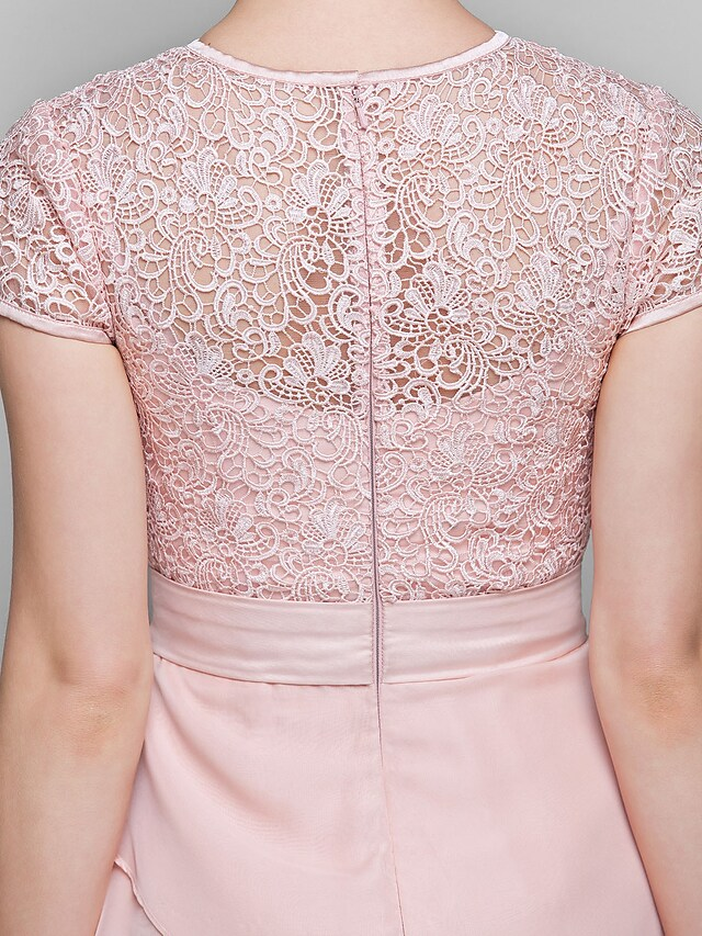 Luolandi Mother of the Bride Dress Jewel Neck Floor Length Chiffon Lace Short Sleeve with Lace Ruffles Candy Pink