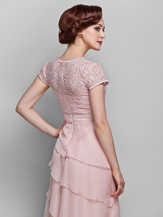 Luolandi Mother of the Bride Dress Jewel Neck Floor Length Chiffon Lace Short Sleeve with Lace Ruffles Candy Pink