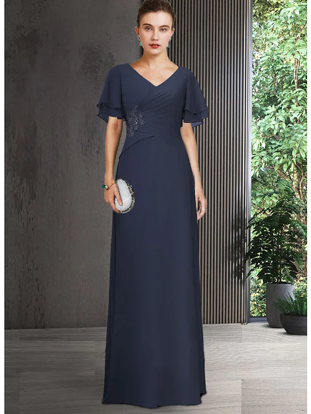 Luolandi Mother of the Bride Dress Elegant V Neck Floor Length Chiffon Short Sleeve with Appliques Ruching Dark Navy