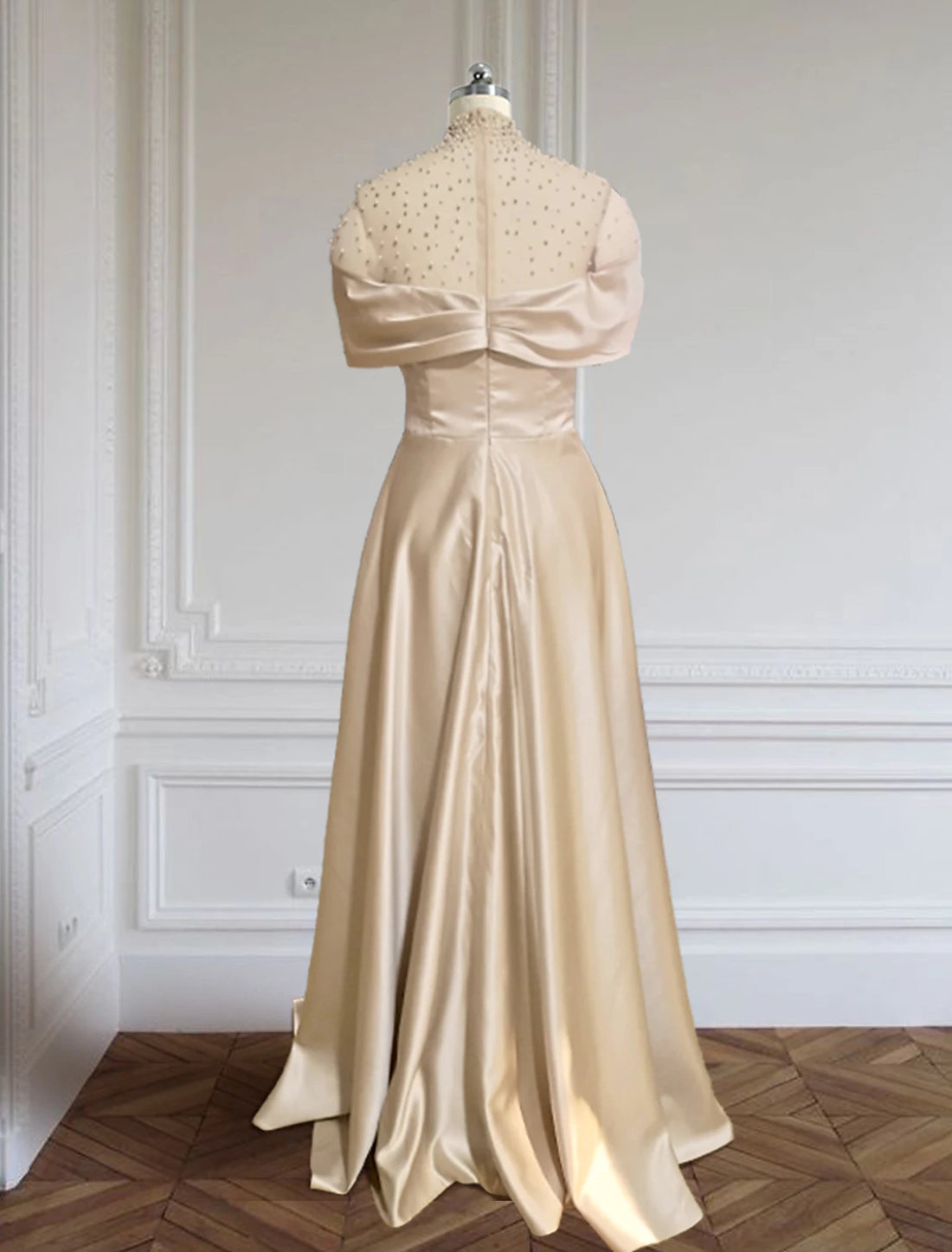 Luolandi A-Line Evening Gown Elegant Dress Formal Red Green Dress Floor Length Short Sleeve Illusion Neck Satin with Ruched