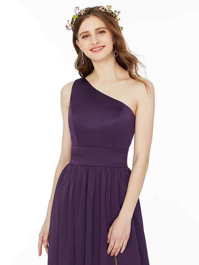 Luolandi Ball Gown / A-Line Bridesmaid Dress One Shoulder Sleeveless Floor Length Chiffon with Sash / Ribbon / Pleats
