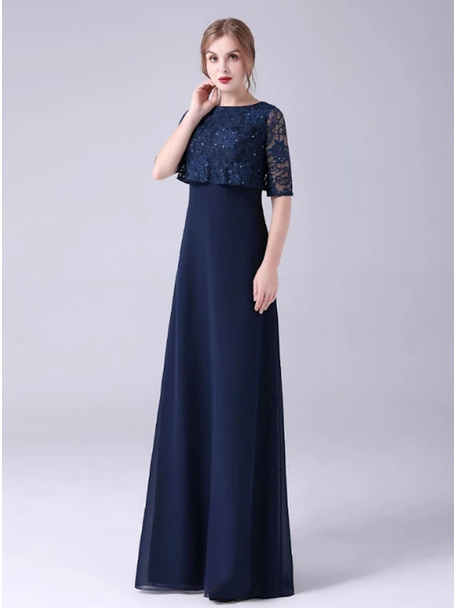 Luolandi A-Line Mother of the Bride Dress Elegant Sweet Jewel Neck Floor Length Chiffon Half Sleeve with Lace