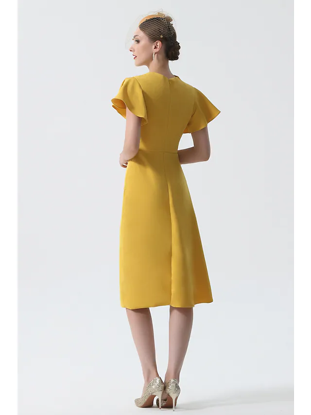 Luolandi Mother of the Bride Dress Elegant Cowl Neck Knee Length Satin Short Sleeve