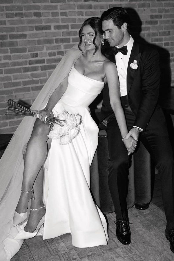 Luolandi A-Line Strapless Satin Wedding Dresses with Slit Off Shoulder Sexy