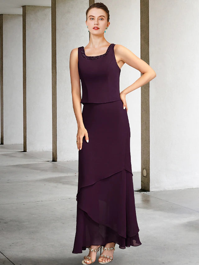 Luolandi Two Piece A-Line Mother of the Bride Dress Plus Size Elegant Square Neck Ankle Length Chiffon Sleeveless Wrap Included Jacket Dresses with Pearls Beading
