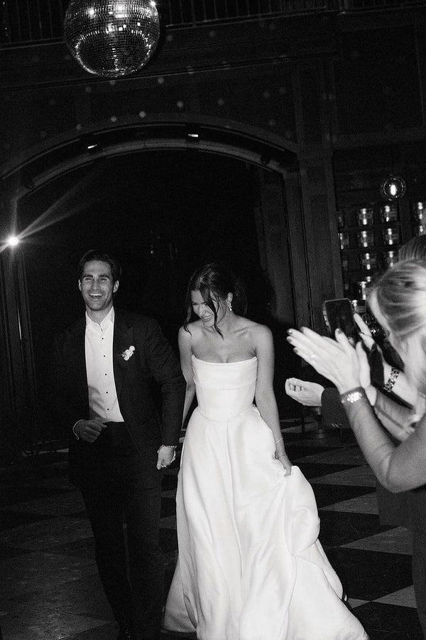 Luolandi A-Line Strapless Satin Wedding Dresses with Slit Off Shoulder Sexy