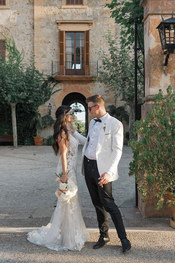 Luolandi Mermaid V Neck Tulle Lace Sleeveless Ivory Wedding Dresses Beautiful