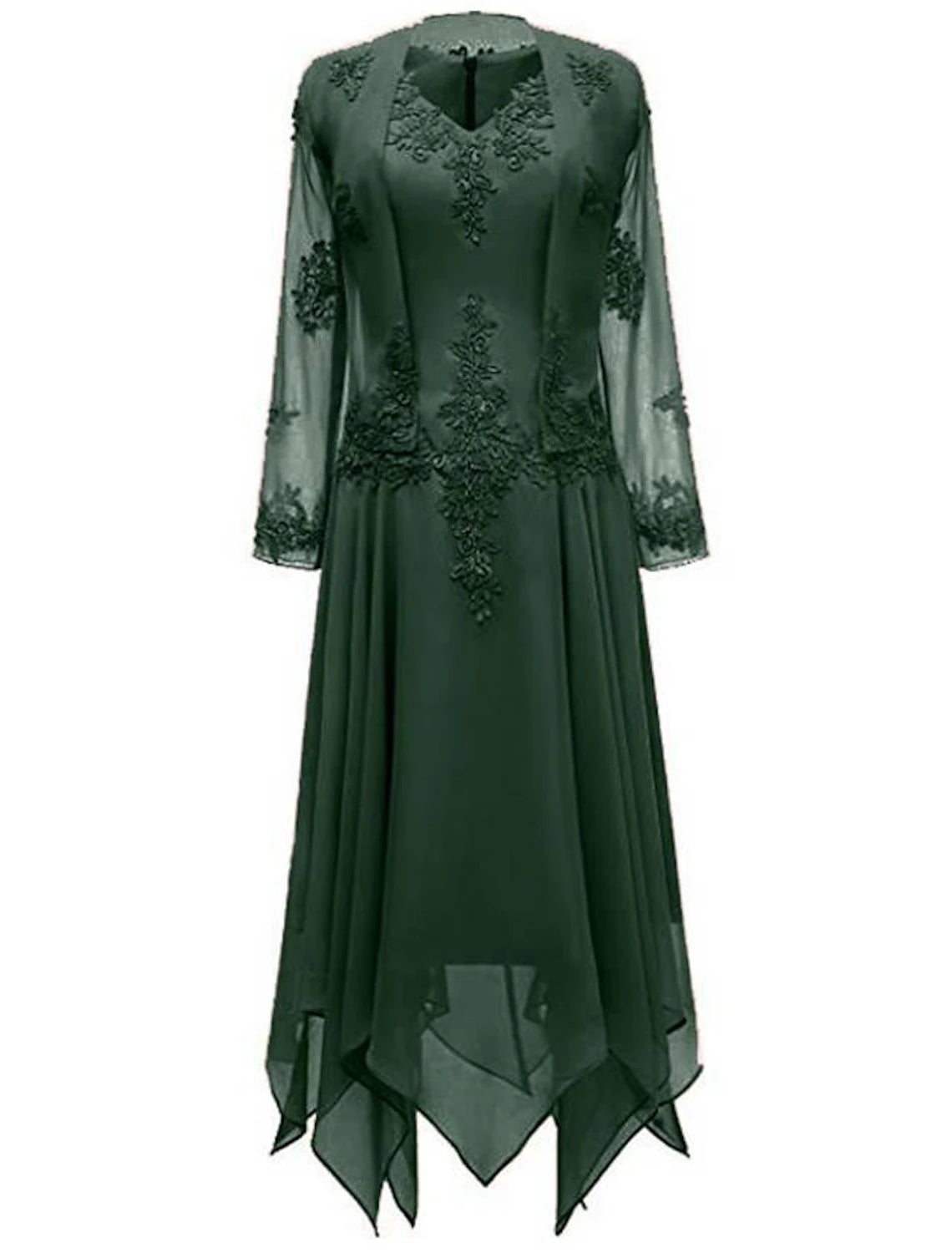 Luolandi Two Piece A-Line Mother of the Bride Dress Wedding Guest Church Wrap Included V Neck Knee Length Chiffon 3/4 Length Sleeve with Appliques