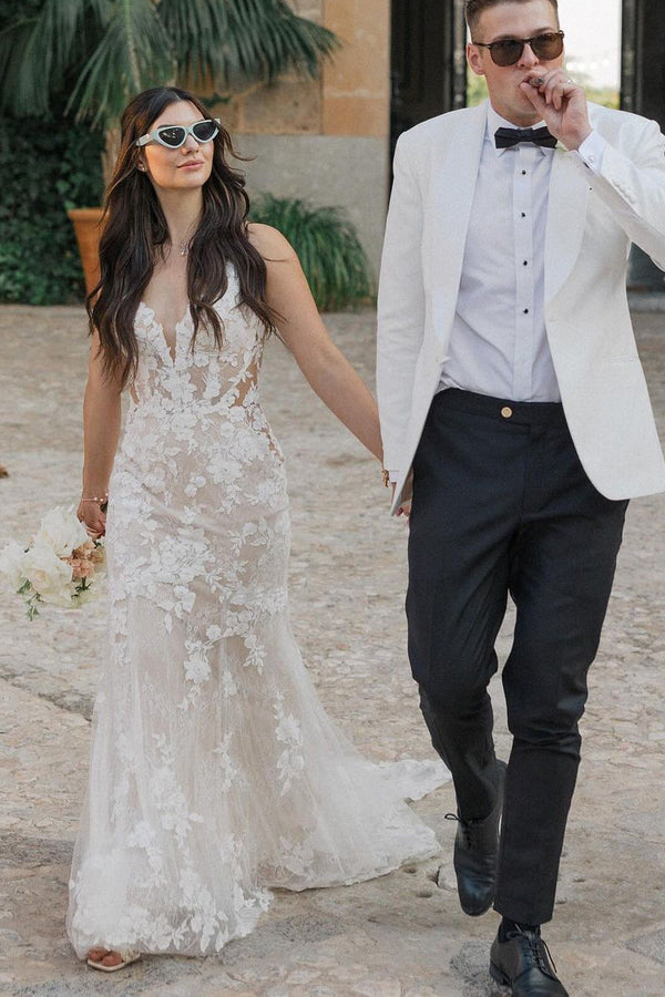 Luolandi Mermaid V Neck Tulle Lace Sleeveless Ivory Wedding Dresses Beautiful