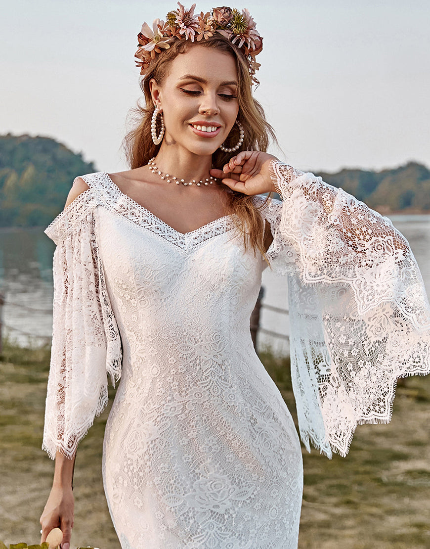 Luolandi Ivory Lace Cold Shoulder Mermaid Cape Sleeves Boho Wedding Dress Beautiful