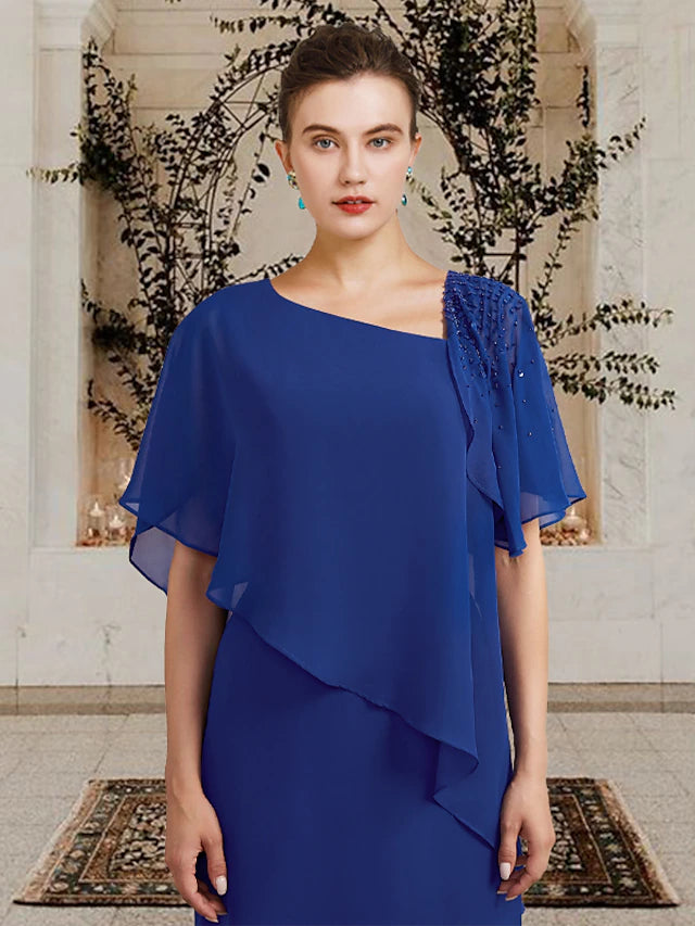 Luolandi Sheath / Column Mother of the Bride Dress Plus Size Elegant Bateau Neck Floor Length Chiffon Short Sleeve with Beading