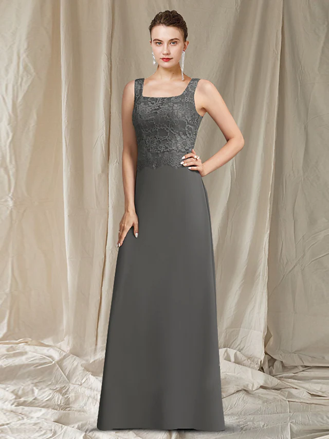Luolandi Mother of the Bride Dress Elegant Wrap Included Square Neck Floor Length Chiffon Lace Sleeveless
