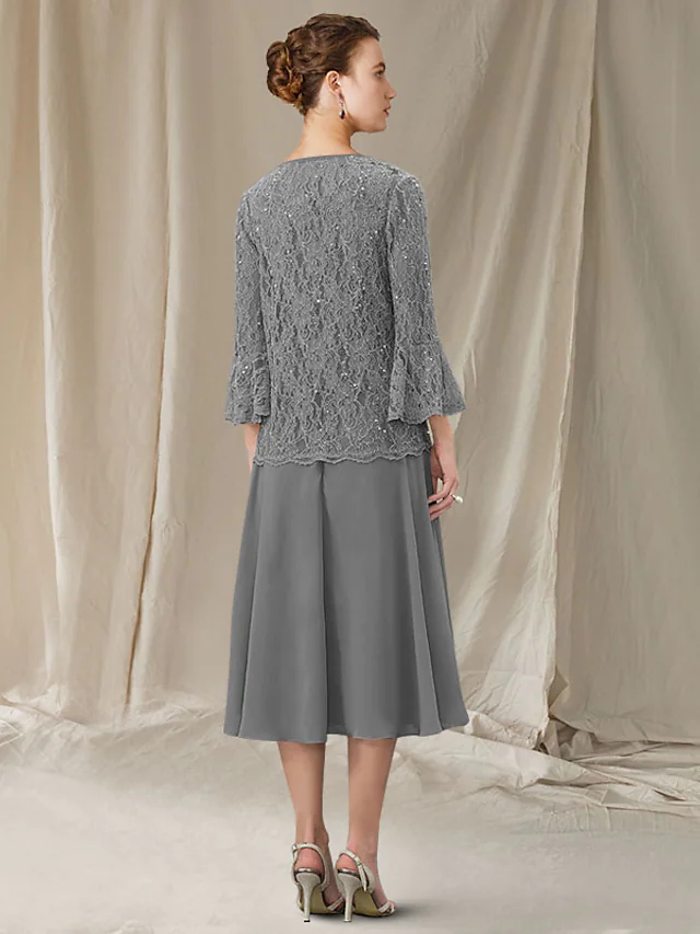 Luolandi Two Piece A-Line Mother of the Bride Dress Elegant Jewel Neck Tea Length Chiffon Lace Sleeveless