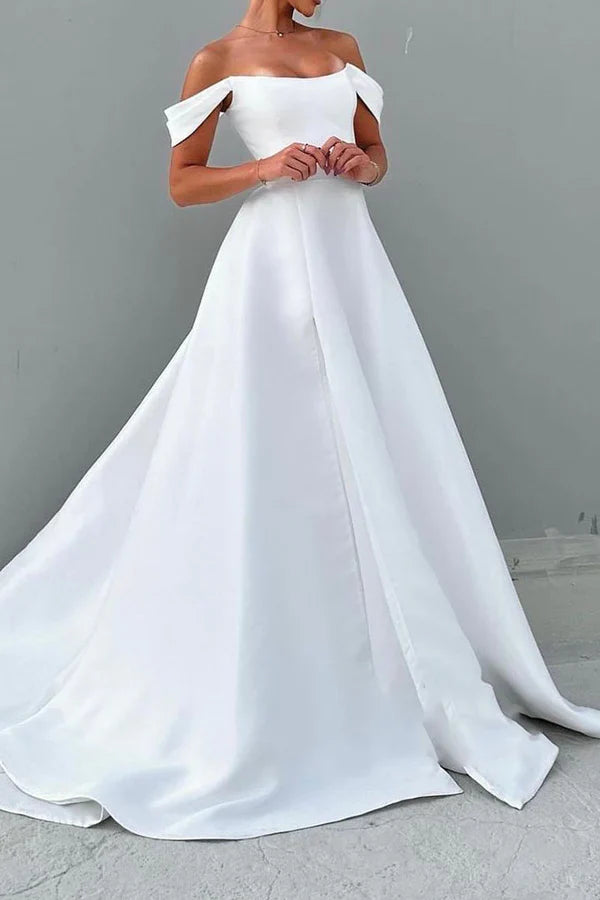 Luolandi Satin A-line boat shaped off shoulder train elegant wedding dress Sexy