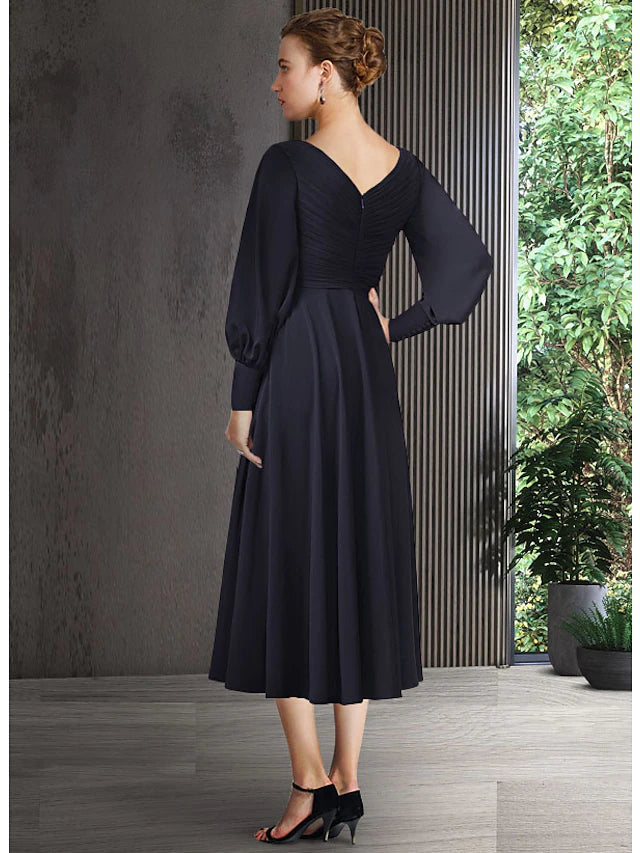 Luolandi A-Line Mother of the Bride Dress Elegant V Neck Tea Length Chiffon Short Sleeve Long Sleeve with Ruching