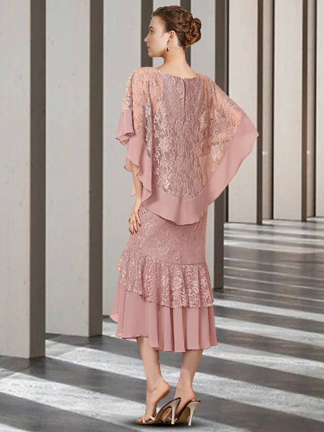 Luolandi Sheath / Column Mother of the Bride Dress Elegant High Low Jewel Neck Asymmetrical Tea Length Chiffon Lace Half Sleeve Wrap Included with Beading Ruffles