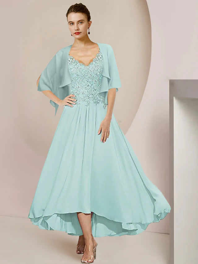 Luolandi Two Piece A-Line Mother of the Bride Dress Formal Wedding Guest Elegant High Low V Neck Asymmetrical Tea Length Chiffon Lace 3/4 Length Sleeve Wrap Included with Appliques