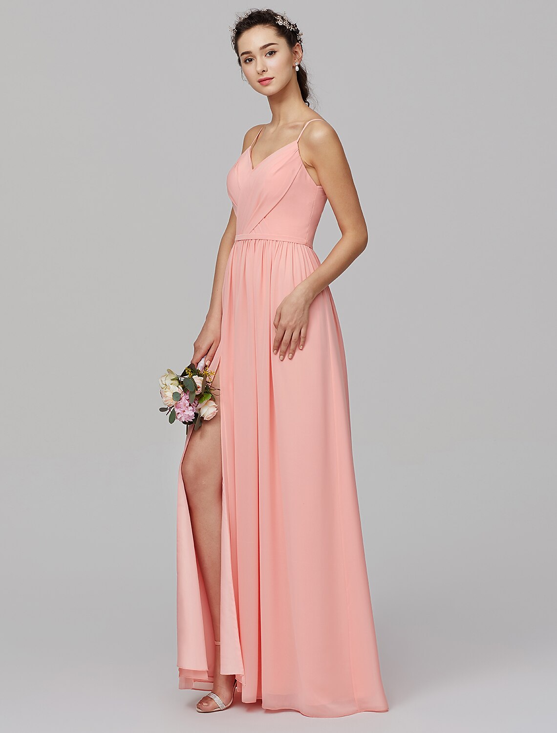 Luolandi A-Line Spaghetti Strap Floor Length Chiffon Bridesmaid Dress with Criss Cross / Split
