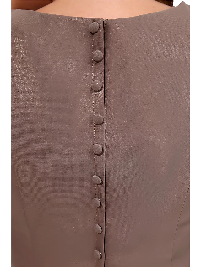 Luolandi A-Line Mother of the Bride Dress Sweet Jewel Neck Knee Length Chiffon Short Sleeve with Buttons Brown