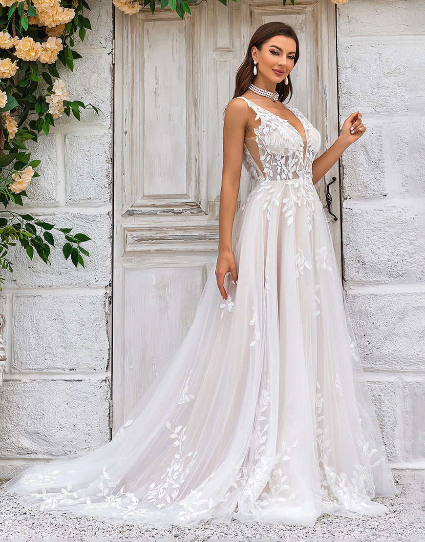 Luolandi Gorgeous A Line Deep V Neck Champagne Tulle Wedding Dress with Lace Open Back