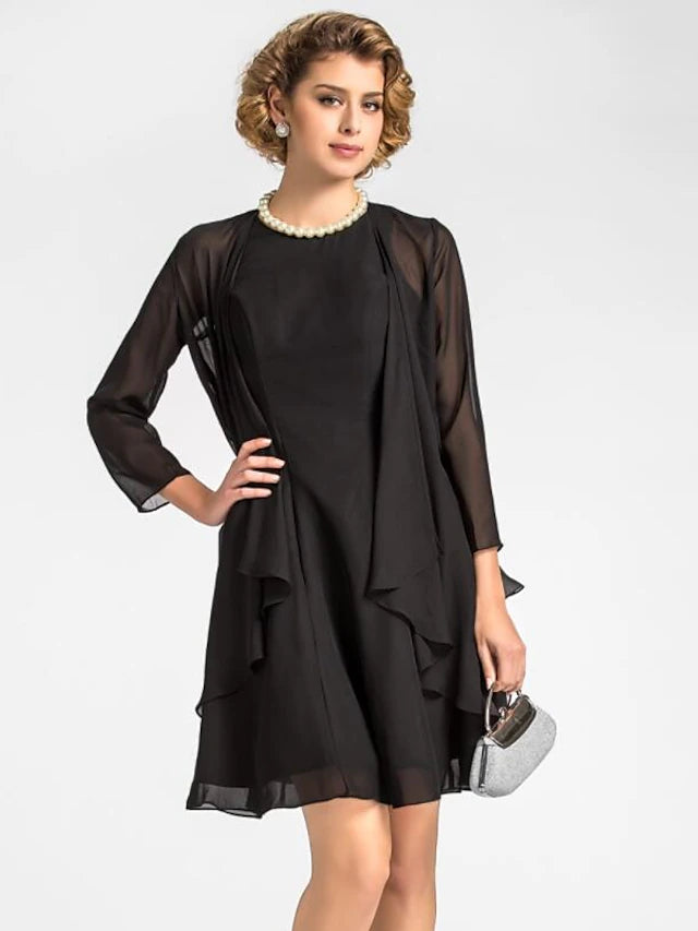 Luolandi A-Line Mother of the Bride Dress Wrap Included Jewel Neck Knee Length Chiffon 3/4 Length Sleeve