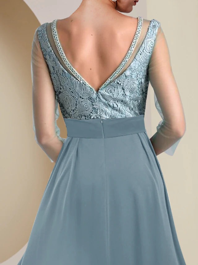 Luolandi Two Piece Sheath / Column Mother of the Bride Dress Formal Wedding Guest Vintage Elegant Jewel Neck Tea Length Knee Length Chiffon Lace 3/4 Length Sleeve with Beading